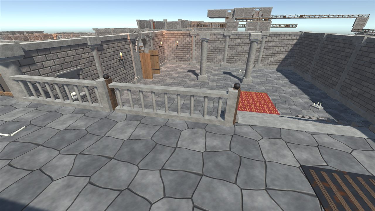 A generated crypt with balconies, pillars, torches and a red carpet, seen from an upper floor