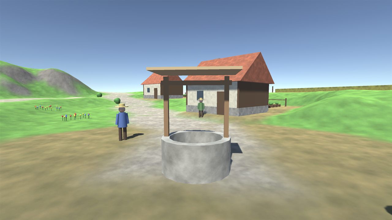 Villagers around a well in a hamlet