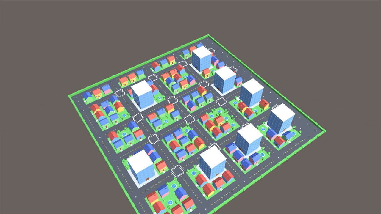 A colourful generated city block